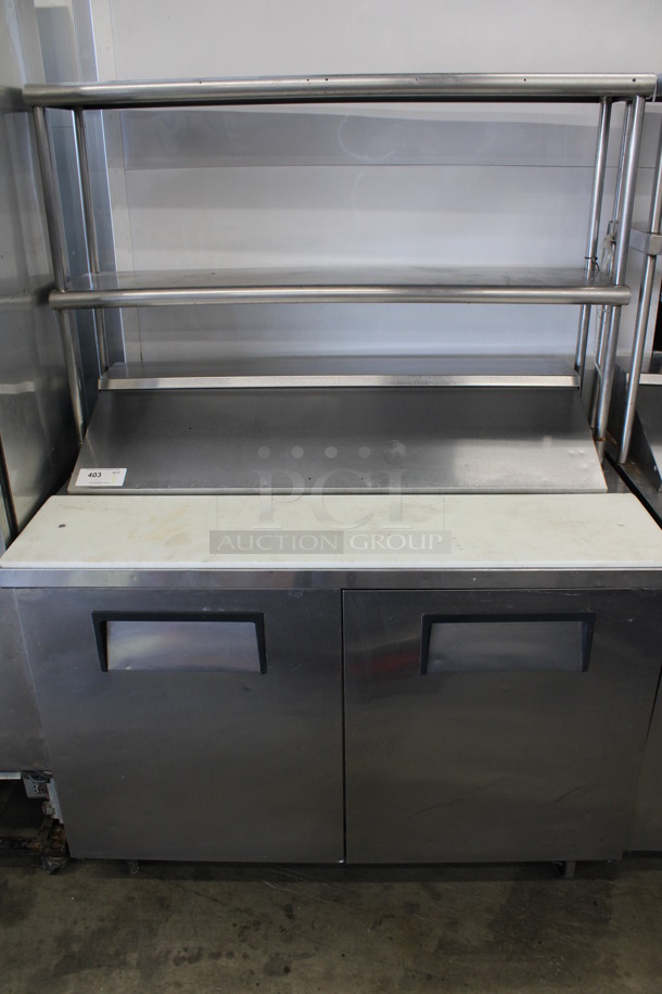 2011 True Model TSSU-48-12 Stainless Steel Commercial Sandwich Salad Prep Table Bain Marie w/ Double Tier Over Shelf on Commercial Casters. 115 Volts, 1 Phase. 48x30x69. Tested and Working!