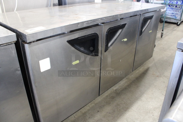 Turbo Air Model TUR-72SD Stainless Steel Commercial 3 Door Undercounter Cooler on Commercial Casters. 115 Volts, 1 Phase. 73x30x35.5. Tested and Working!