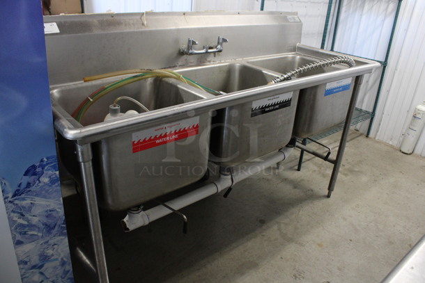 Stainless Steel Commercial 3 Bay Sink w/ Faucet, Handles and Spray Nozzle Attachment. 74x28x47. Bays 20x20x14