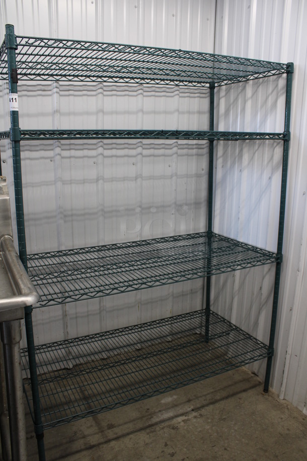 Green Finish 4 Tier Shelving Unit. BUYER MUST DISMANTLE. PCI CANNOT DISMANTLE FOR SHIPPING. PLEASE CONSIDER FREIGHT CHARGES. 48x24x65