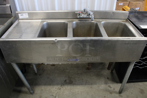 Stainless Steel Commercial 3 Bay Bar Sink w/ Left Side Drainboard, Faucet and Handles. 47x18x35. Bays 10x14x10. Drainboard 10x15