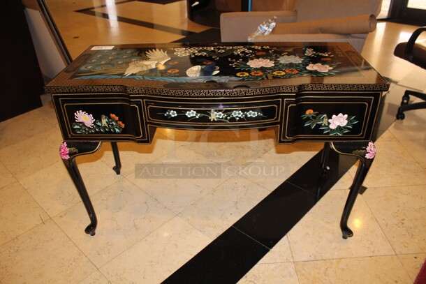 Peacock and Flower Themed Black Decorative Desk With 3 Drawers. 48x20x30