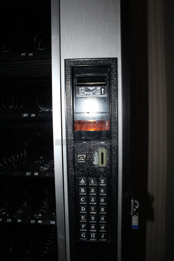 ALL ONE MONEY! Dixie-Narco Refrigerated Vending Machine with Bill Acceptor and Snack Vending Machine. Vending Machine is 115 Volts. 60HZ. 1 phase. 38x36x72. Both Units Do Not Include Keys! Parts Only! - Image 3 of 5