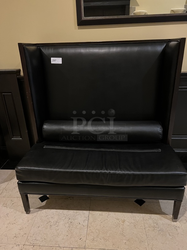 Black Leather Bench With Back Rest, Decorative Sides, and Pillow Attachment. 51x31x54