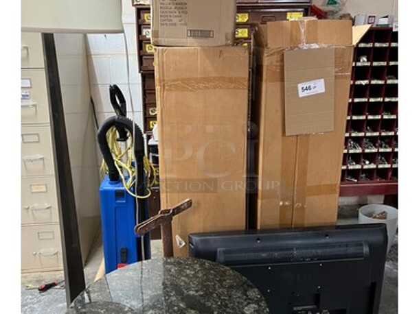 ALL ONE MONEY! Lot Includes Granite Style End Table, TV, Lamp, and Much More! - Image 1 of 4