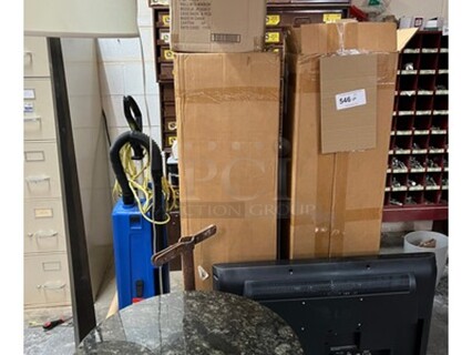 ALL ONE MONEY! Lot Includes Granite Style End Table, TV, Lamp, and Much More!