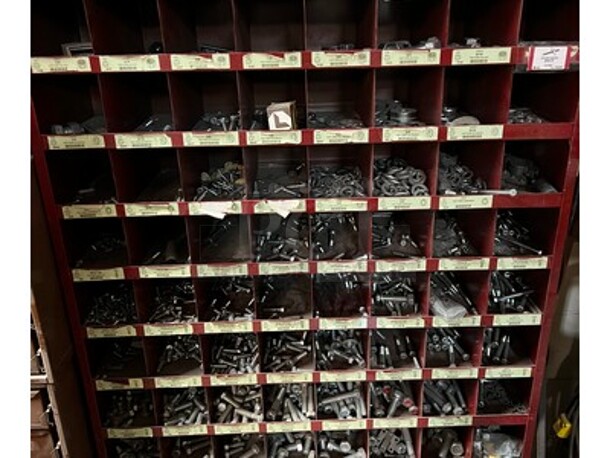 Steel Lawson Products, Inc Storage Compartment on Stand With Various Washers, Capscrews, Nuts, and Much More! 36x12x55 - Image 1 of 5