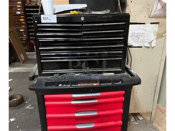 Plastic Tool Cart With 4 Drawers and Metal Tool Chest. Includes Contents! 33x20x52