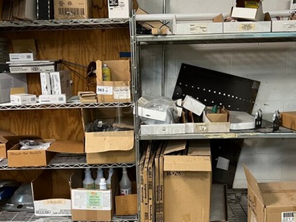ALL ONE MONEY! Contents on Shelving Unit! Lot Includes Boxes, Exit Sign, Shower Bar Brackets, Tools/Parts, and More! Winning Bidder Can Take What They Want From Lot!