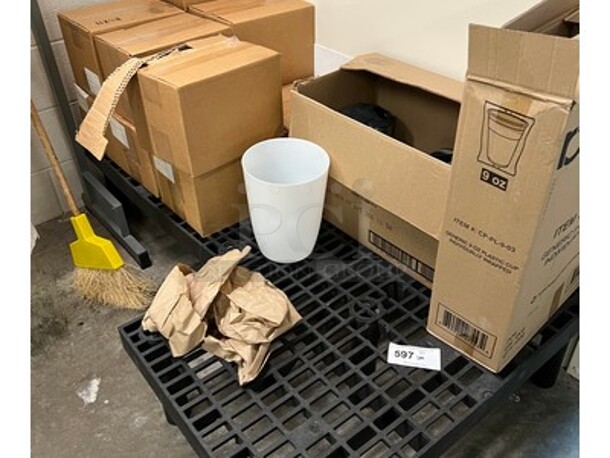 Lot Of Plastic Dunnage Racks, Cuisinart Single Serving Coffee Makers, and High Point University Magazines