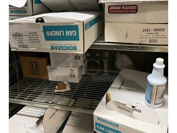 Contents in Room! Lot Includes Metal Shelving Units, Trash Can Liners, BRAND NEW Shower Poofs, BRAND NEW Shower Caps, Sewing Kits, Bigelow Tea Packets, BRAND NEW Tissues, Cleaning Bottles, and More! BUYER MUST REMOVE! Winning Bidder Can Take What They Want From Lot! - Image 2 of 12