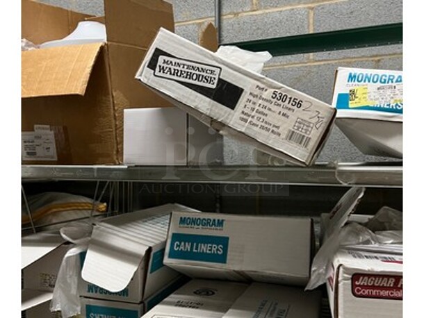 Contents in Room! Lot Includes Metal Shelving Units, Trash Can Liners, BRAND NEW Shower Poofs, BRAND NEW Shower Caps, Sewing Kits, Bigelow Tea Packets, BRAND NEW Tissues, Cleaning Bottles, and More! BUYER MUST REMOVE! Winning Bidder Can Take What They Want From Lot! - Image 3 of 12
