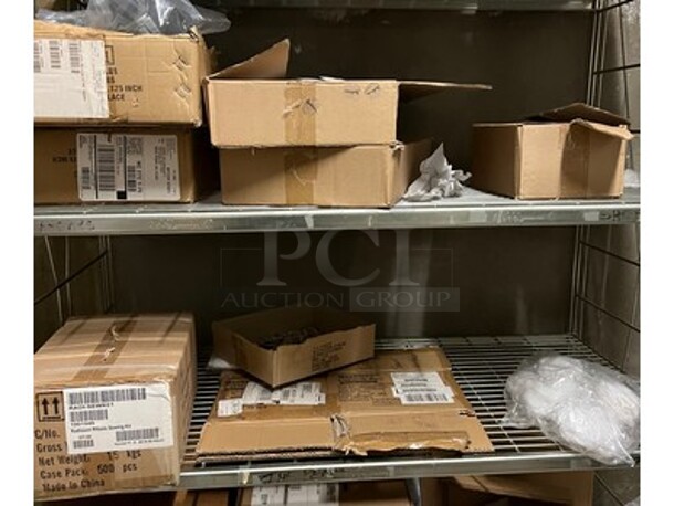 Contents in Room! Lot Includes Metal Shelving Units, Trash Can Liners, BRAND NEW Shower Poofs, BRAND NEW Shower Caps, Sewing Kits, Bigelow Tea Packets, BRAND NEW Tissues, Cleaning Bottles, and More! BUYER MUST REMOVE! Winning Bidder Can Take What They Want From Lot! - Image 4 of 12