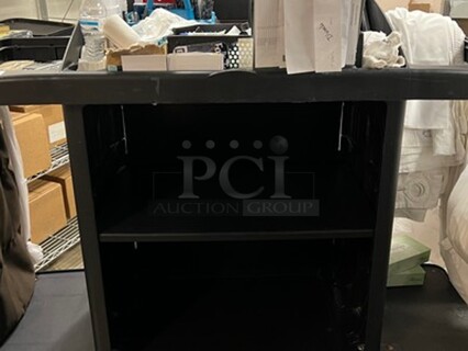 Black Commercial House Keeping Cart on Casters With Contents! Includes Pens, Shampoos, Body Lotions, Body Washes, Remotes, Dusters, Linens, Toilet Paper, Tissue Boxes, and More! 57x22x45