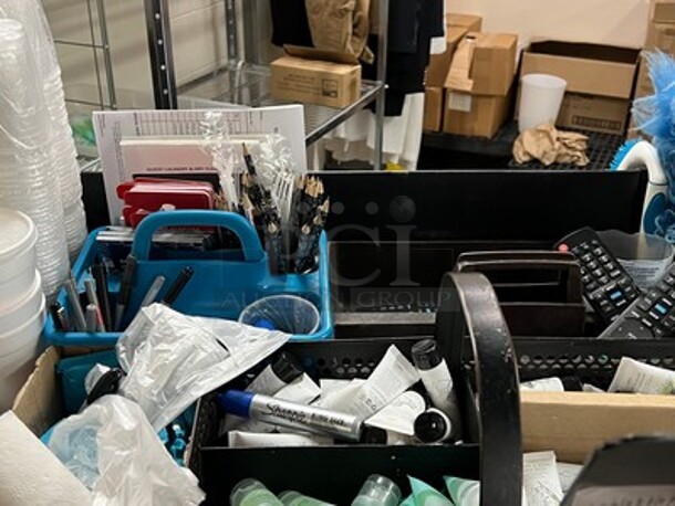 Black Commercial House Keeping Cart on Casters With Contents! Includes Pens, Shampoos, Body Lotions, Body Washes, Remotes, Dusters, Linens, Toilet Paper, Tissue Boxes, and More! 57x22x45 - Image 2 of 6