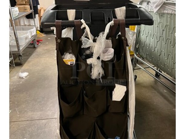 Black Commercial House Keeping Cart on Casters With Contents! Includes Pens, Shampoos, Body Lotions, Body Washes, Remotes, Dusters, Linens, Toilet Paper, Tissue Boxes, and More! 57x22x45 - Image 4 of 6