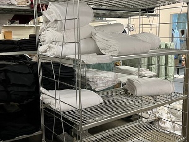 3 Metal Shelving Units With Various Sized Linens and Sheets! BUYER MUST REMOVE! Winning Bidder Can Take What They Want From Lot!