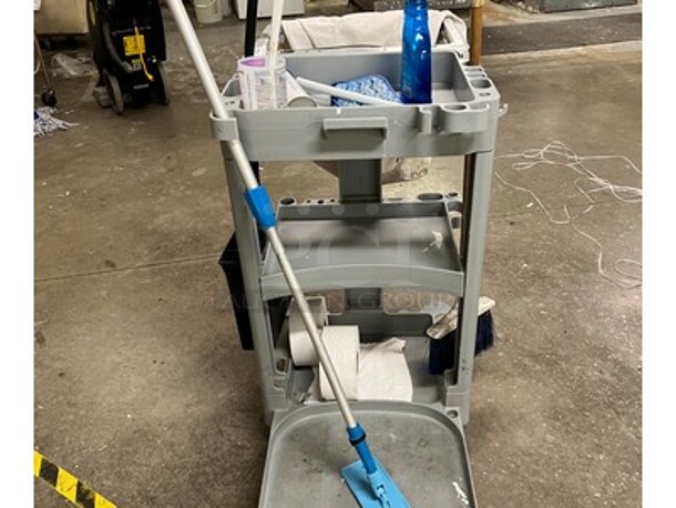 Gray Plastic Janitorial Cart With Broom, Dust Pan, and More! 48x20x38 - Image 2 of 6