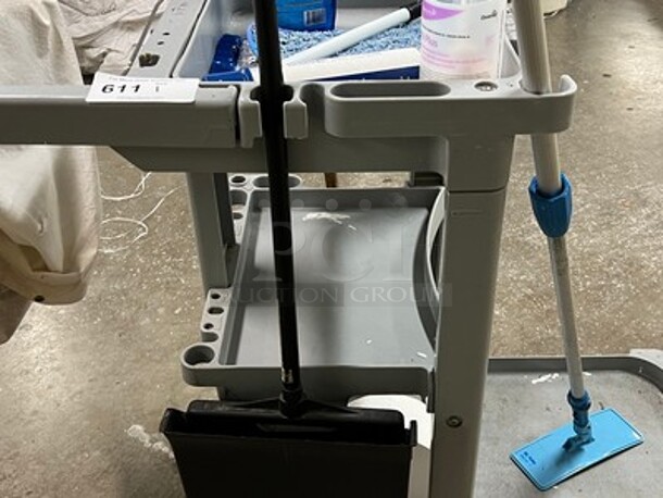 Gray Plastic Janitorial Cart With Broom, Dust Pan, and More! 48x20x38 - Image 3 of 6