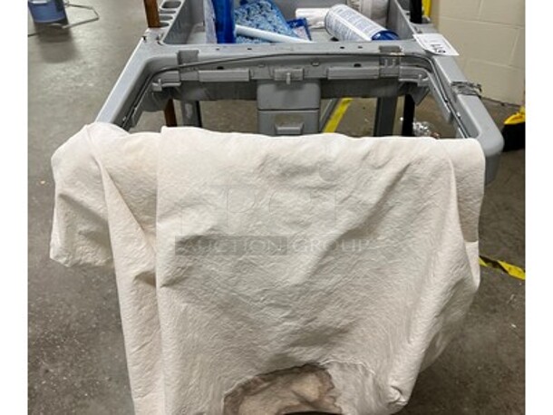 Gray Plastic Janitorial Cart With Broom, Dust Pan, and More! 48x20x38 - Image 4 of 6
