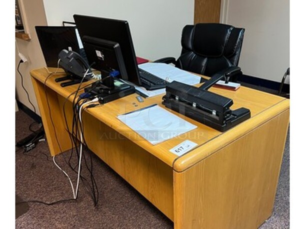 ALL ONE MONEY! Wooden Desk, Office Chair, HP Monitor, Keyboard, Phone, and More! - Image 2 of 3