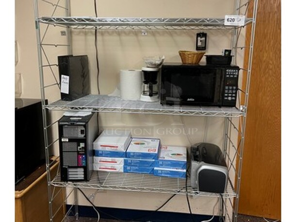 Metal Shelving Unit, Microwave, Printer Paper, Coffee Maker, and Computer Tower!