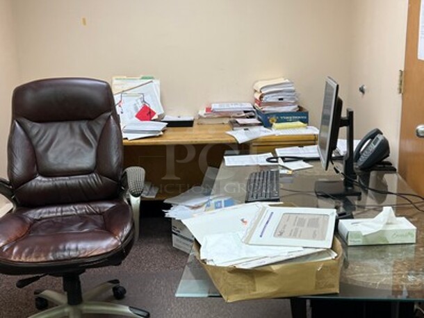 Contents in Entire Room! Lot Includes Office Chair, Glass Top Desk, Phone, HP Monitor, Keyboard, Wooden Desk, and Tons of Office Supplies on Wooden Shelf! BUYER MUST REMOVE! Winning Bidder Can Take What They Want From Lot!