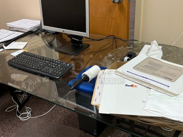 Contents in Entire Room! Lot Includes Office Chair, Glass Top Desk, Phone, HP Monitor, Keyboard, Wooden Desk, and Tons of Office Supplies on Wooden Shelf! BUYER MUST REMOVE! Winning Bidder Can Take What They Want From Lot! - Image 2 of 11