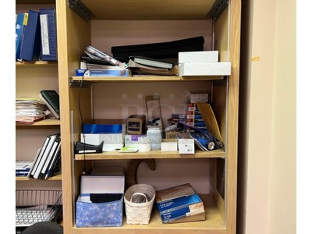 Contents in Entire Room! Lot Includes Office Chair, Glass Top Desk, Phone, HP Monitor, Keyboard, Wooden Desk, and Tons of Office Supplies on Wooden Shelf! BUYER MUST REMOVE! Winning Bidder Can Take What They Want From Lot! - Image 6 of 11