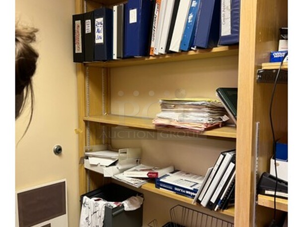 Contents in Entire Room! Lot Includes Office Chair, Glass Top Desk, Phone, HP Monitor, Keyboard, Wooden Desk, and Tons of Office Supplies on Wooden Shelf! BUYER MUST REMOVE! Winning Bidder Can Take What They Want From Lot! - Image 7 of 11