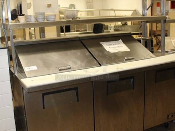True Model TSSU-72-24M-B-ST Stainless Steel Commercial Sandwich Salad Bain Marie Mega Top With Hatco Model GRAH-60 Food Warmer, 2 Overshelves, And Cutting Board On Commercial Casters. 115 Volts. 1 Phase. Working Before Business Closed! 72x35x70