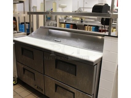 True Model TSSU-60-16D-4 Stainless Steel Commercial Salad Sandwich Bain Marie Mega Top With, 2 Overshelves, 4 Lower Drawers and Cutting Board on Commercial Casters. Working Before Business Closed! 60x30x70