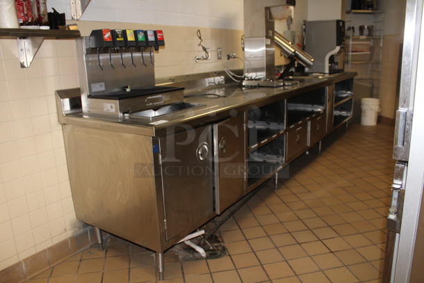 Stainless Steel Commercial Table/Drink Station with 6 Flavor Soda Dispenser, Ice Bin, and Undershelf Storage. 180x30x44. BUYER MUST REMOVE!