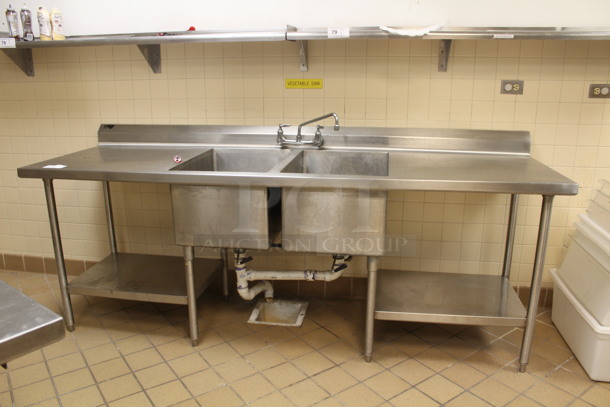 Stainless Steel Commercial Vegetable 2 Bay Sink With Drainboards. 96x30x36. BUYER MUST REMOVE!
