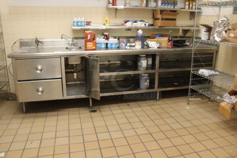 Stainless Steel Table With Sink, 2 Drawers, and Undershelf. 132x29x36. BUYER MUST REMOVE!