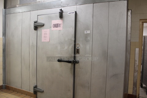 Harford Model Stainless Steel Commercial Walk In Cooler Box With Trenton Model TPLP214MAS1BR2-EC2 Evaporator. Working Before Business Closed! 8'x18'x7.5x. Does Not Include Metros! Condensers Are Above Units! BUYER MUST REMOVE! REFRIGERATION MUST BE REMOVED BY HVAC PROFESSIONALS! 