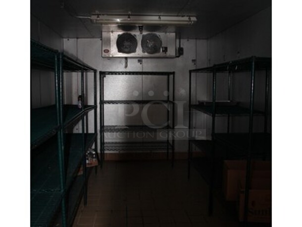 Harford Model Stainless Steel Commercial Walk In Cooler Box With Trenton Model TPLP214MAS1BR2-EC2 Evaporator. Working Before Business Closed! 8'x18'x7.5x. Does Not Include Metros! Condensers Are Above Units! BUYER MUST REMOVE! REFRIGERATION MUST BE REMOVED BY HVAC PROFESSIONALS!  - Image 4 of 11