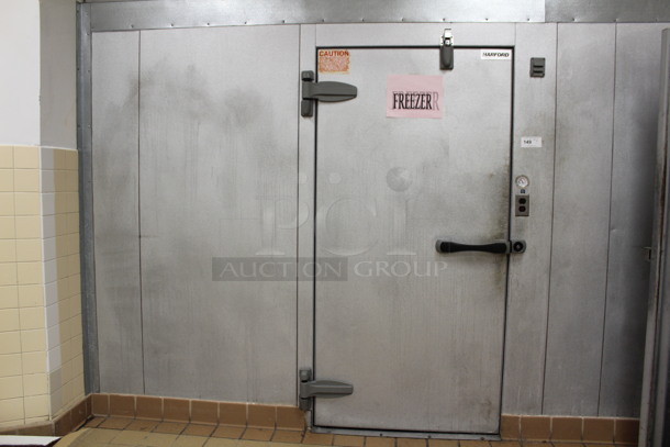 Harford Model Stainless Steel Commercial Walk In Freezer Box With Trenton Model TPLP214MAS1BR2-EC2 Evaporator. Working Before Business Closed! 8'x18'x7.5x. Does Not Include Metros! Condensers Are Above Units! BUYER MUST REMOVE! REFRIGERATION MUST BE REMOVED BY HVAC PROFESSIONALS!  - Image 1 of 9
