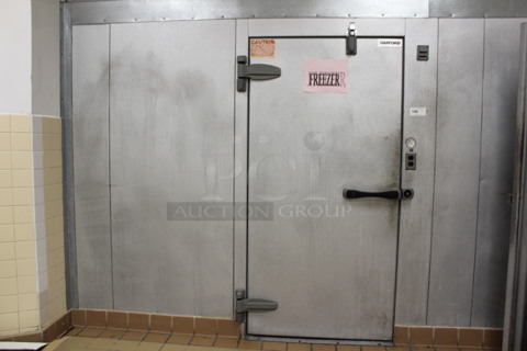 Harford Model Stainless Steel Commercial Walk In Freezer Box With Trenton Model TPLP214MAS1BR2-EC2 Evaporator. Working Before Business Closed! 8'x18'x7.5x. Does Not Include Metros! Condensers Are Above Units! BUYER MUST REMOVE! REFRIGERATION MUST BE REMOVED BY HVAC PROFESSIONALS! 