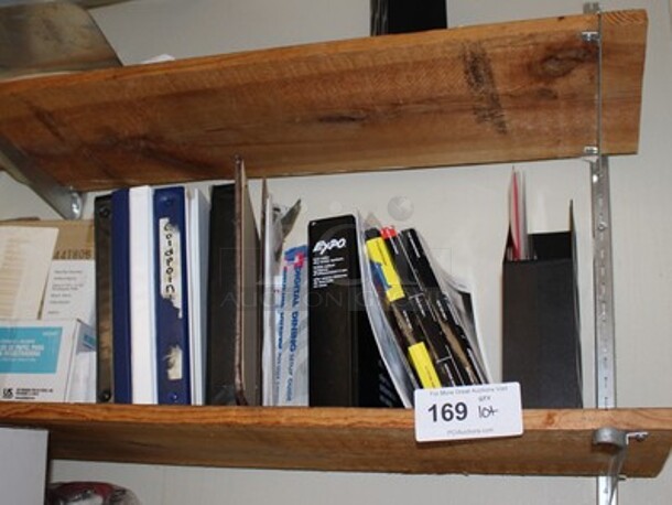 ALL ONE MONEY! Wooden Shelves and Contents on Shelf. BUYER MUST REMOVE!
