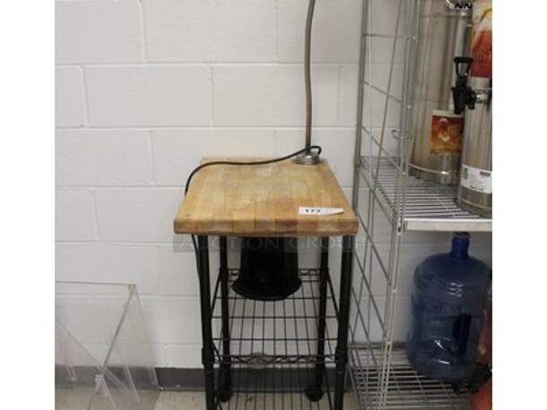 Metal Cart on Casters, with Wooden Cutting Board and Lamp. 16x24x36