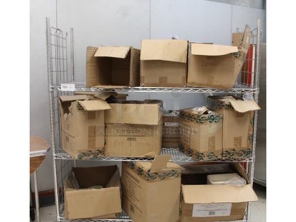ALL ONE MONEY! Metal Shelving Unit on Commercial Casters, BRAND NEW IN BOX Containers, BRAND NEW IN BOX To-Go Containers, and More! Winning Bidder Can Take What They Want From Lot!   