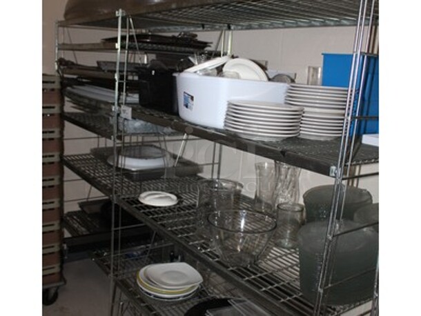 ALL ONE MONEY! Metal Shelving Unit, Various Plates, Salad Plates, Glass Vases, Plastic Bins, and More!