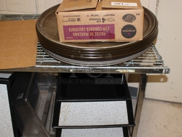 ALL ONE MONEY! Stainless Steel Cart on Casters, Serving Trays, Glass Desert Bowls, and Plastic Bins  