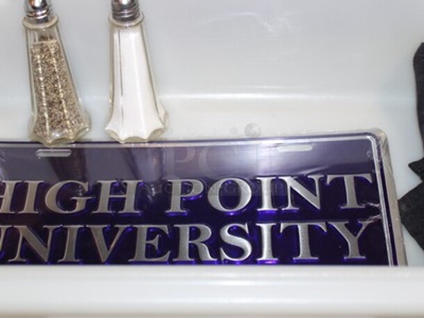 ALL ONE MONEY! Plastic Bin, High Point University License Plate, Salt and Pepper Shaker