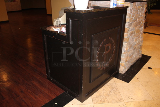 Wooden Hostess Stand With Granite Style Counter Top, 2 Drawers, and Lower Storage. 43x35x50. BUYER MUST REMOVE!