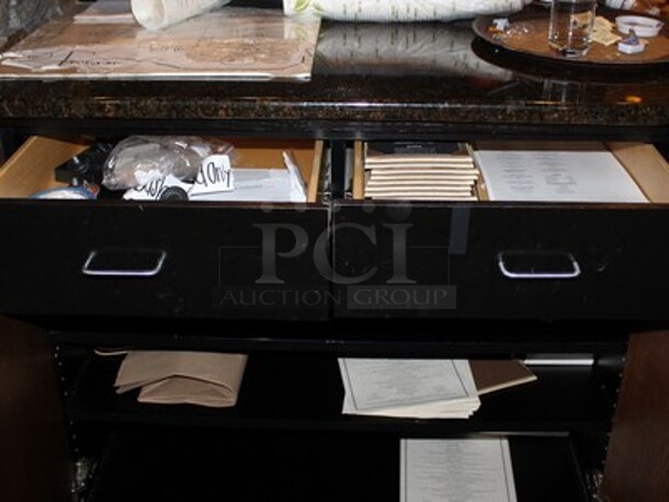 Wooden Hostess Stand With Granite Style Counter Top, 2 Drawers, and Lower Storage. 43x35x50. BUYER MUST REMOVE! - Image 4 of 9