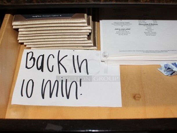 Wooden Hostess Stand With Granite Style Counter Top, 2 Drawers, and Lower Storage. 43x35x50. BUYER MUST REMOVE! - Image 5 of 9