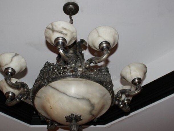 Silver and Marble Finish Chandelier. Height Can Be Adjusted. Approximately 30x30. BUYER MUST REMOVE!