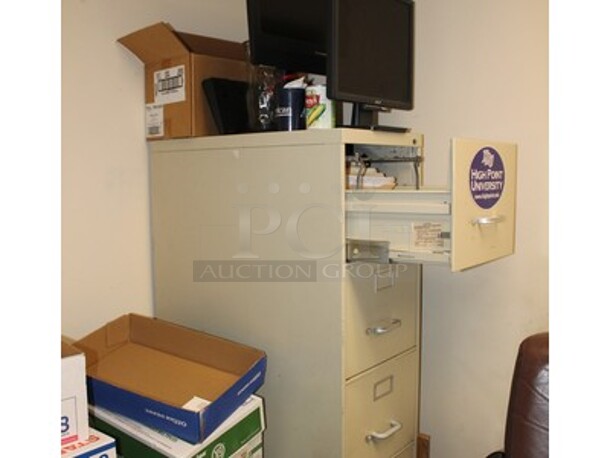 ALL ONE MONEY! Contents In Office! Lot Includes, Desk, Chairs, Filing Cabinet, 3 Various Monitors, and More! Desk is 42x30x30 - Image 3 of 6